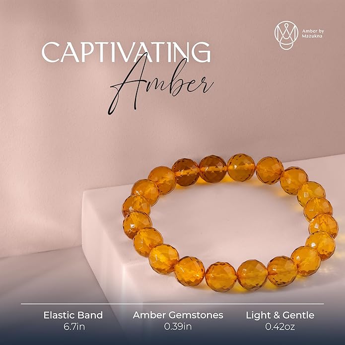 Natural Baltic Amber Bracelet for Women and Men – Stretch Wristband with Faceted Beads, Lightweight Unisex Jewelry Gift for Daily and Casual Wear