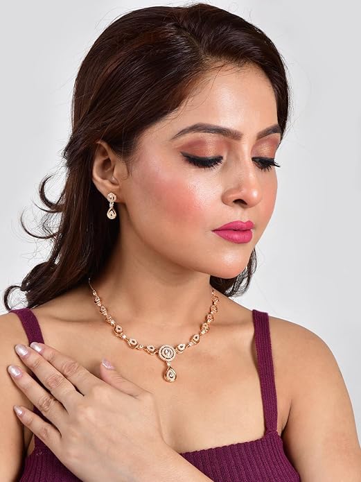 Nilu's Collection American Diamond Stone Studded | Rose Gold/Silver Plated | Anti Tarnish Jewellery Set for Women | Matching Earrings Perfect for Weddings and Special Occasions