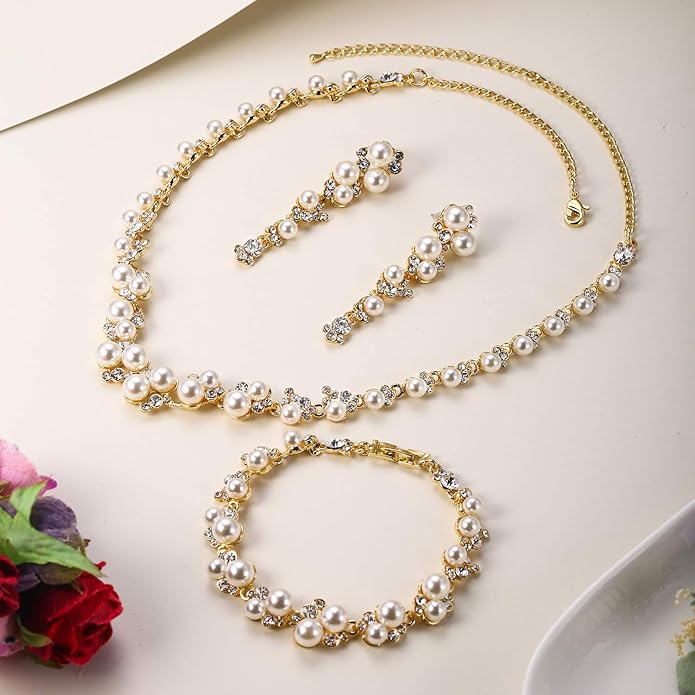 EVER FAITH Simulated Pearl Crystal Bridal Necklace Earrings Bracelet Set Clear