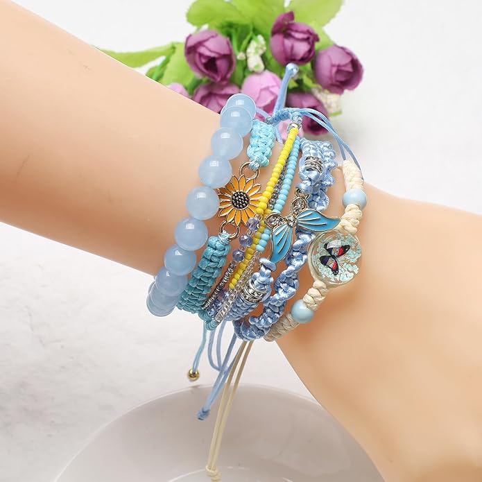 DS 6PCS String beads Charm Bracelets for Teen Girls Handmade Braided Rope Butterfly daisies Eternal flower Boho Surfer Bracelet for women Adjustable friendship Stretch birthday jewelry Gift Friends