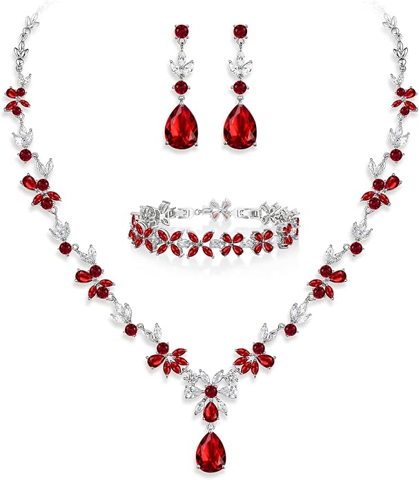 Crysdue Wedding Jewelry Set for Women, Floral Leaf Vine Teardrop Necklace Dangle Earrings Bracelet and Hair Comb, Cubic Zirconia Elegant Party Prom Jewellery for Bridal Bridesmaid