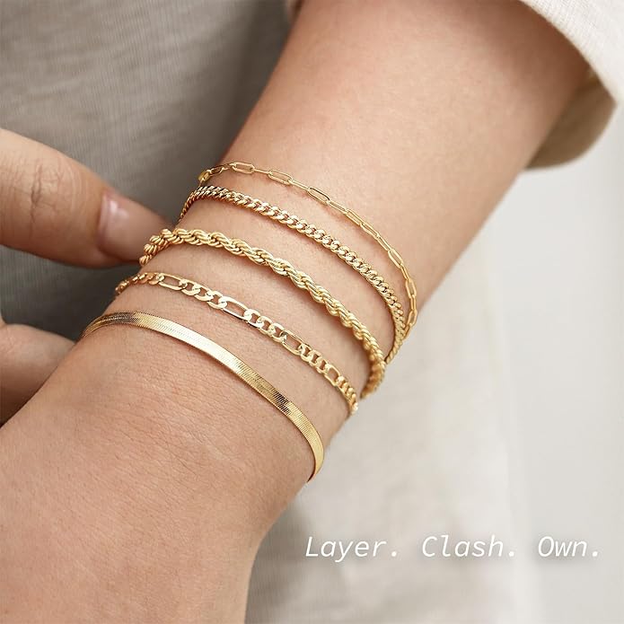 Krfy 5/6Pcs Gold Plated Bracelets for Women Trendy, S925 Plated Silver Bracelet Stack, Non Tarnish Waterproof Bracelets for Women, Paperclip Herringbone Figaro Cuban Twist Chains, Size 6.5''+2''