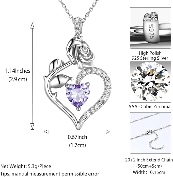 Jewmon Valentine Day Gifts for Her Rose Heart Birthstone Necklace for Women 925 Sterling Silver Birth Stone Flower Rose Necklace Anniversary Love GIfts for Girlfriend Wife Mom Birthday Gifts for Her