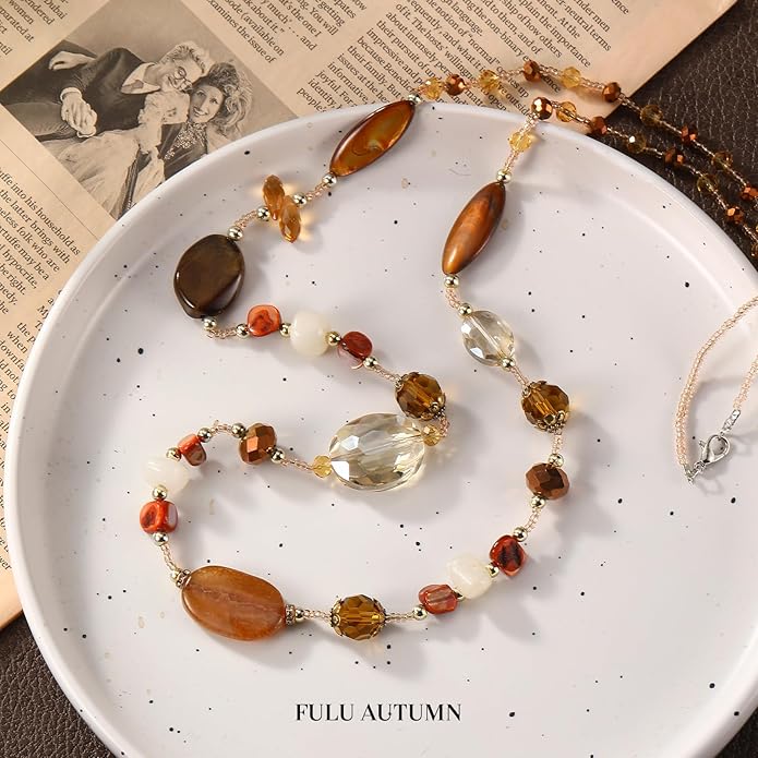 FULU AUTUMN Long Necklaces for Women Trendy Long Chunky Beaded Necklace Boho Fashion Costume Jewelry Mothers Day Gifts for Her