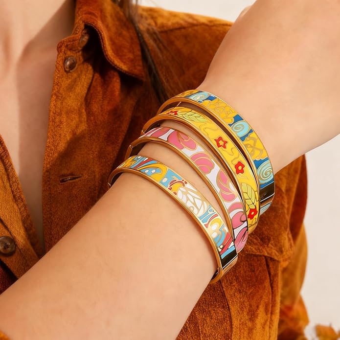Enamel Bangle Set, 18K Gold Plated Stainless Steel, 4-Piece Bracelet Handcrafted Gorgeous Collection with Abstract and Floral Patterns, 6-7 Inch Wrist Size, Women's Fashion Jewelry