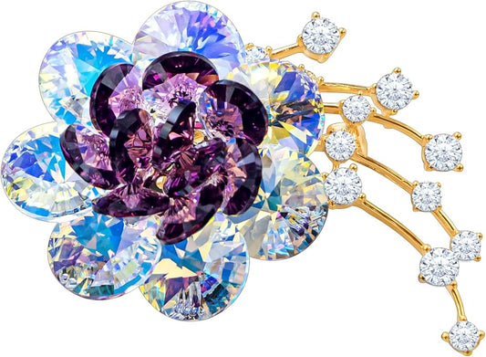 Brooches For Women,14k Gold Plated Copper,Crystal Roselle Cubic Zirconia Brooch Pins For Women ，Crystal Broach,Flower Broach