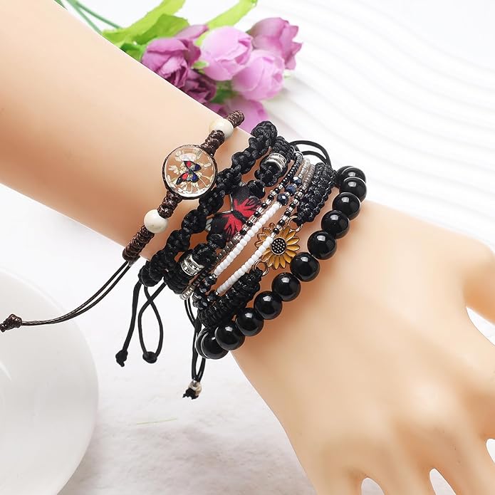 DS 6PCS String beads Charm Bracelets for Teen Girls Handmade Braided Rope Butterfly daisies Eternal flower Boho Surfer Bracelet for women Adjustable friendship Stretch birthday jewelry Gift Friends