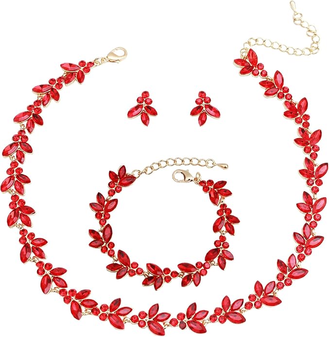 Bridal Wedding Crystal Leaf Choker Necklace Dangle Earring Bracelet Brides Bridesmaid Jewelry Set for Women