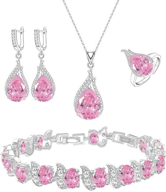 GZWHD Jewelry Set for Women CZ Earrings Necklace Ring Bracelet Set Prom Party Wedding Jewelry Gift for Mother Friend Wife