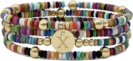 Set of 4 Colorful Bead Initial Bracelets, Personalized Stackable Jewelry, Adjustable Stretchy Charm Bracelets for Women, Beaded Bracelet Set, Trendy Custom Jewelry Gift