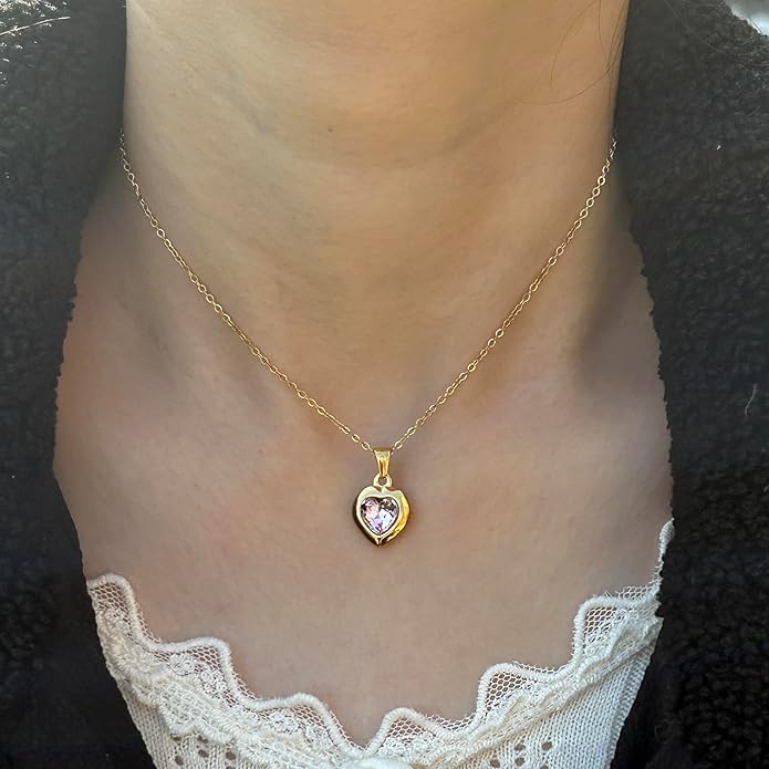 Cute Gold Heart Necklace for Women,18k Gold Plated Cubic Zirconia Charm Necklaces,Stainless Steel Women's Heart Stone Pendant Necklace for Women,16-18 Inches Adjustable Chain,Trendy Jewelry Gifts