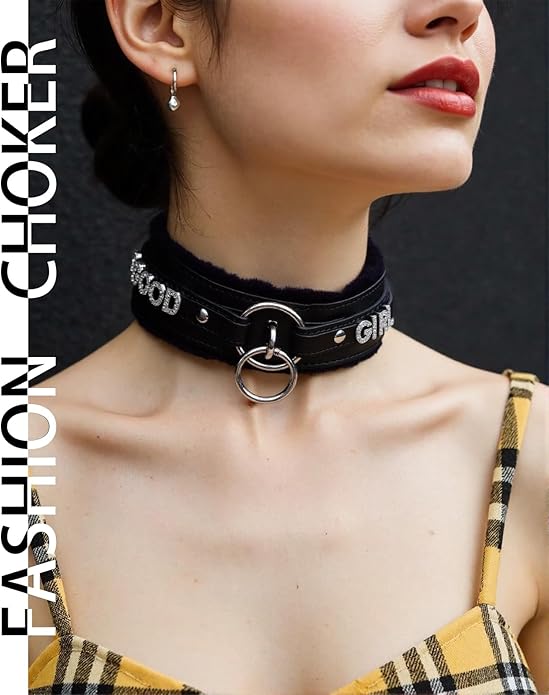 Sparkle Letter Choker Collar For Women, Furry O-ring Leather Collar Punk Gothic Choker Necklace Adjustable Fashion Jewelry, Black