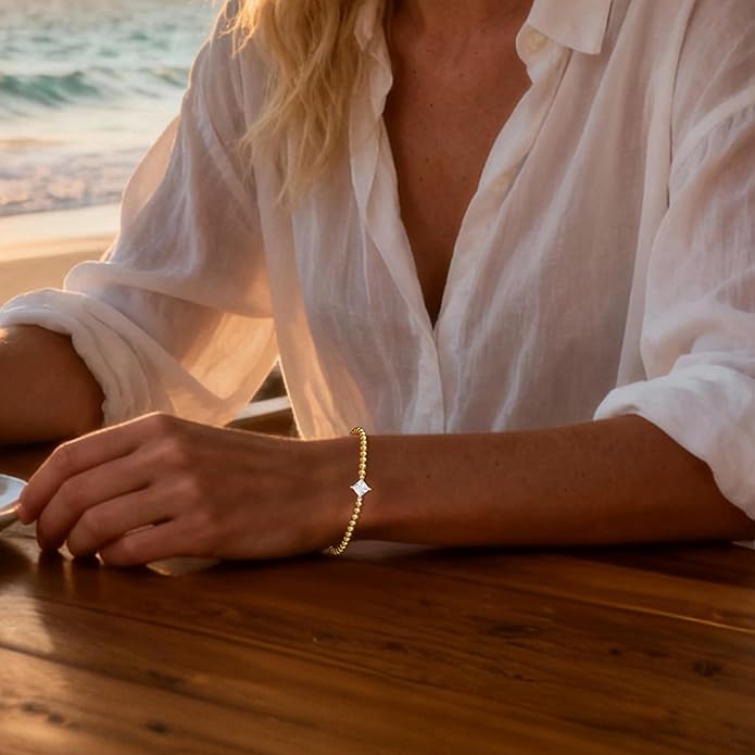 HZDK Gold Bracelets for Women - 14K Gold Plated Beaded Bracelets for Women Gold Jewelry Stackable Charm Bracelet Dainty Stretch Bead Bracelet Christmas Gifts for Her