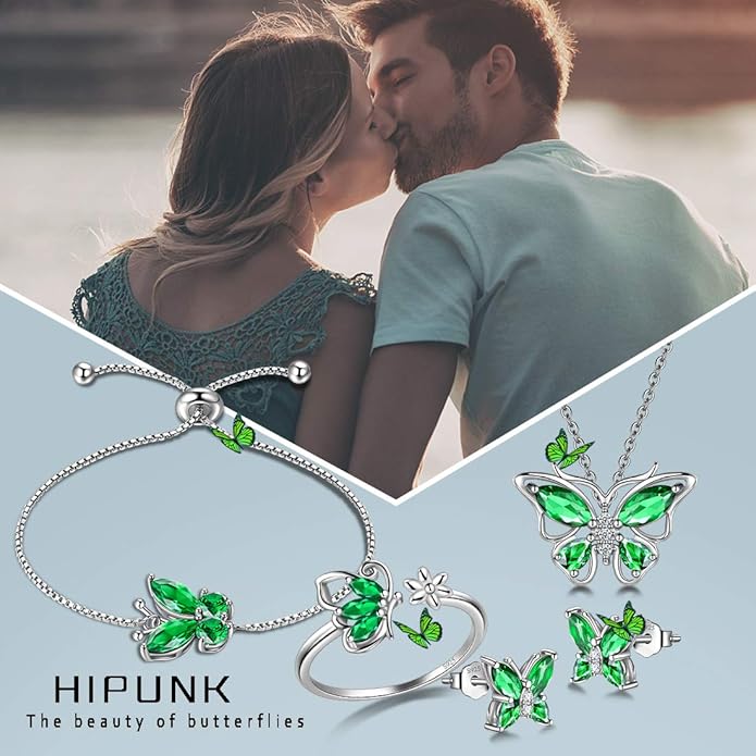 925 Sterling Silver Birthstone Butterfly Jewelry Women Crystal Animal Cute Butterflies Birthday Necklace/Earring/Ring/Bracelet Sets Birth Stone Statement Anniversary Jewellery