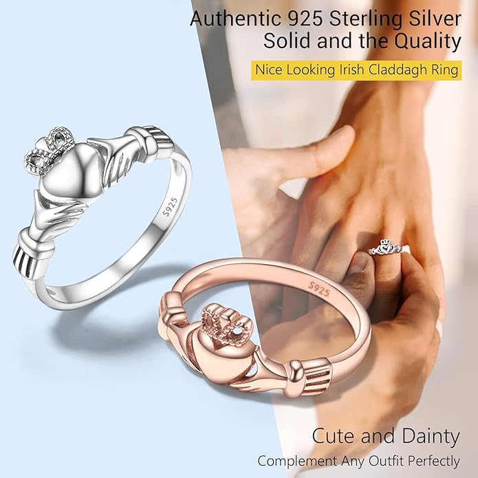 PROSILVER 925 Sterling Silver Claddagh Ring/Celtic Knot Ring for Women, Irish Wedding Band, Rose Gold Plated/Gold Plated, Size 4-12, Come with Box
