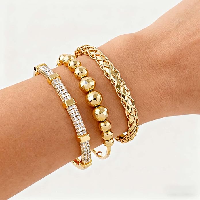 Gold Bracelets for Women, Gold Plated Chunky Cuff Matching Bracelets for Women Stack Adjustable Jewelry Sets for Gifts