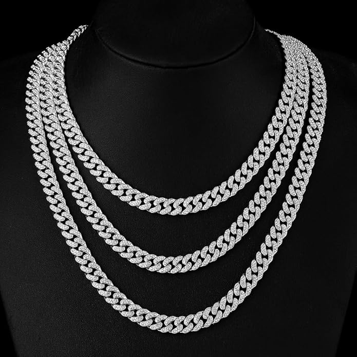 HH BLING EMPIRE 14k Gold/Silver Cuban Link Chain for Women Iced Out Diamond Chunky Cuban Link Necklace Chain Bracelet 2pcs Sets