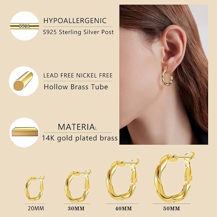 14k Gold Plated Hoop Earrings for Women, 925 Sterling Silver Posts Thick Twist Hypoallergenic Chunky Large Earrings 20mm 30mm 40mm 50mm