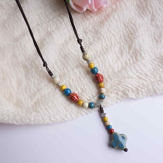 Adjustable Ceramic Beaded Necklace for Women, Boho Handmade Flower Pendant Necklace, Hippie Jewelry for Mom and Wife