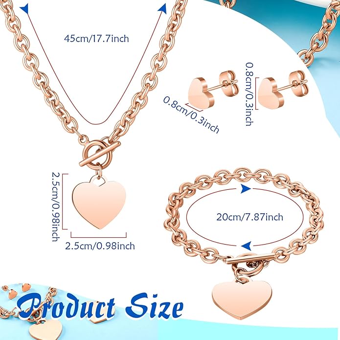 Bucherry 3 Pcs Heart Jewelry Set Bow Snowflake Jewelry Heart Pendant Chain Toggle Necklace with Bracelet Earrings Snowflake Stainless Steel Link Chain for Women Gift