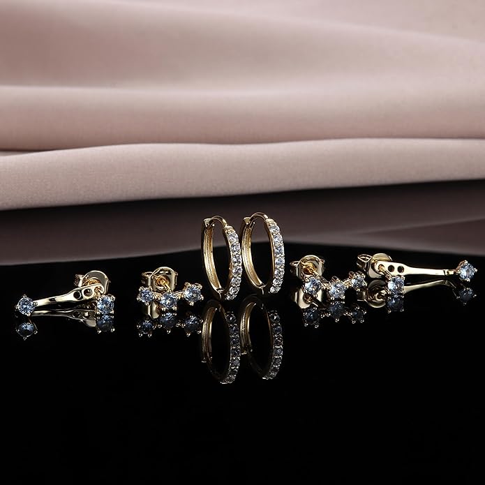 FIASASO 3 Pairs 925 Sterling Silver Hypoallergenic Earrings for Women Trendy - 14K Gold Plated Stud Hoop Cartilage Earrings Set Small Earring Stacks for Sensitive Ears Non Tarnish Dainty Silver Earring