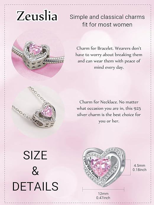 Heart Birthstone Charms for Bracelets, 925 Sterling Silver Women Bead Charms for Charm Bracelets Necklace, Mother's Day Birthday Anniversary Jewelry Gifts for Wife Mom Grandma Daughter