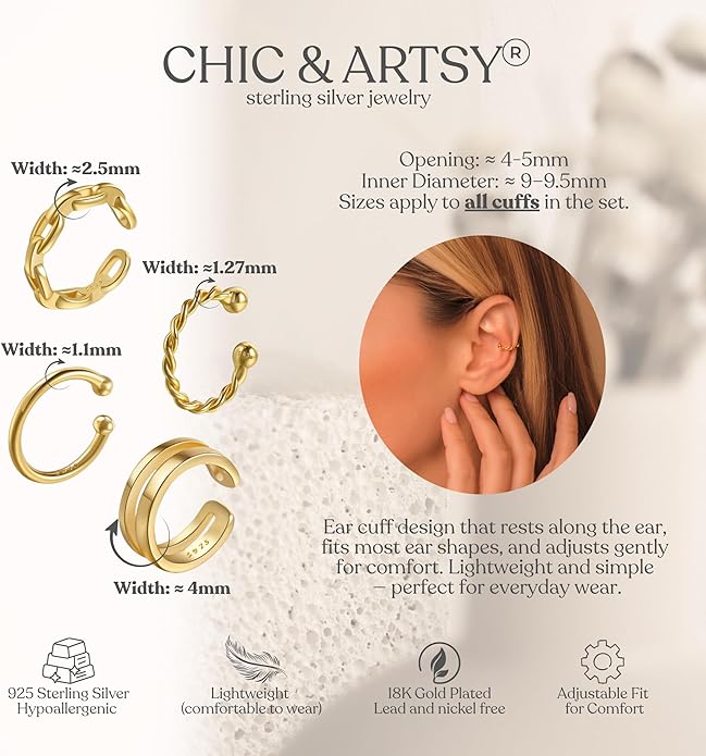 CHIC & ARTSY 925 Sterling Silver Ear Cuffs for Women, Non Piercing Clip On Cartilage Cuffs, Adjustable Fake Conch & Helix Earrings, Gold Plated & Oxidized Various Styles