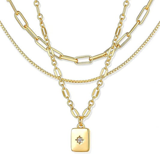 YEEZII Layered Gold Necklaces for Women Trendy, 3 Pcs 14K Gold Plated Choker Paperclip Box Chain Necklace, Stackable Women's Gold Pendant Necklaces Jewelry Set