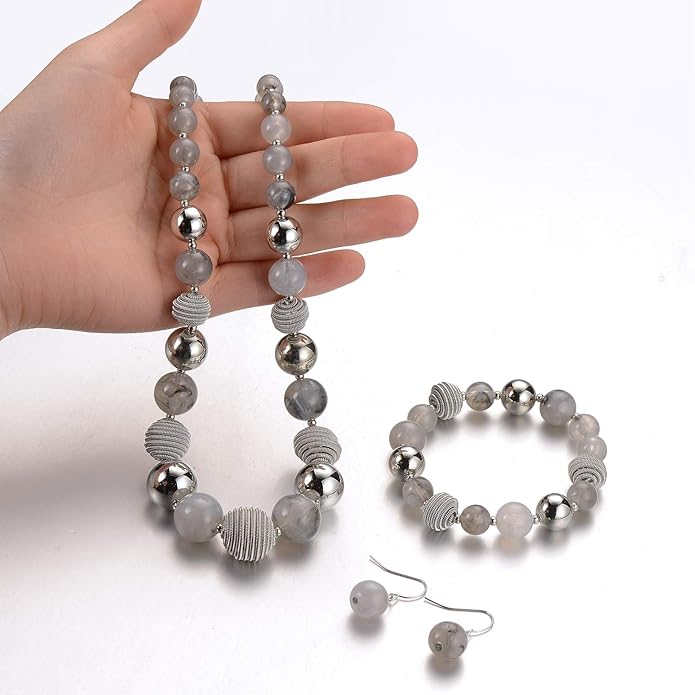 PEARL&CLUB Beaded Chunky Statement Necklace Earring and Bracelet Set Silver Metal Bead Fashion Jewelry Set Mothers’ Day Gifts for Women