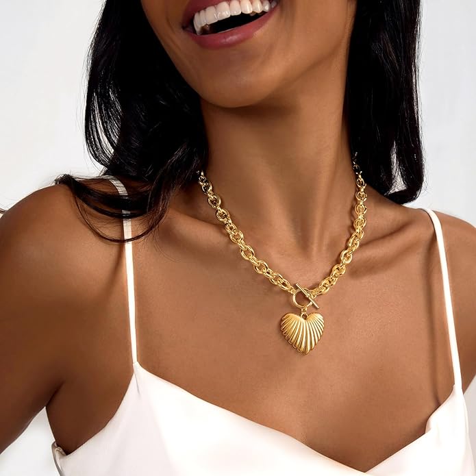Zeffy 14K Gold/Silver Plated Chunky Thick Chain Toggle Clasp Necklace Dainty Baroque Pearl/Heart/Cross/Turquoise Pendant Necklace