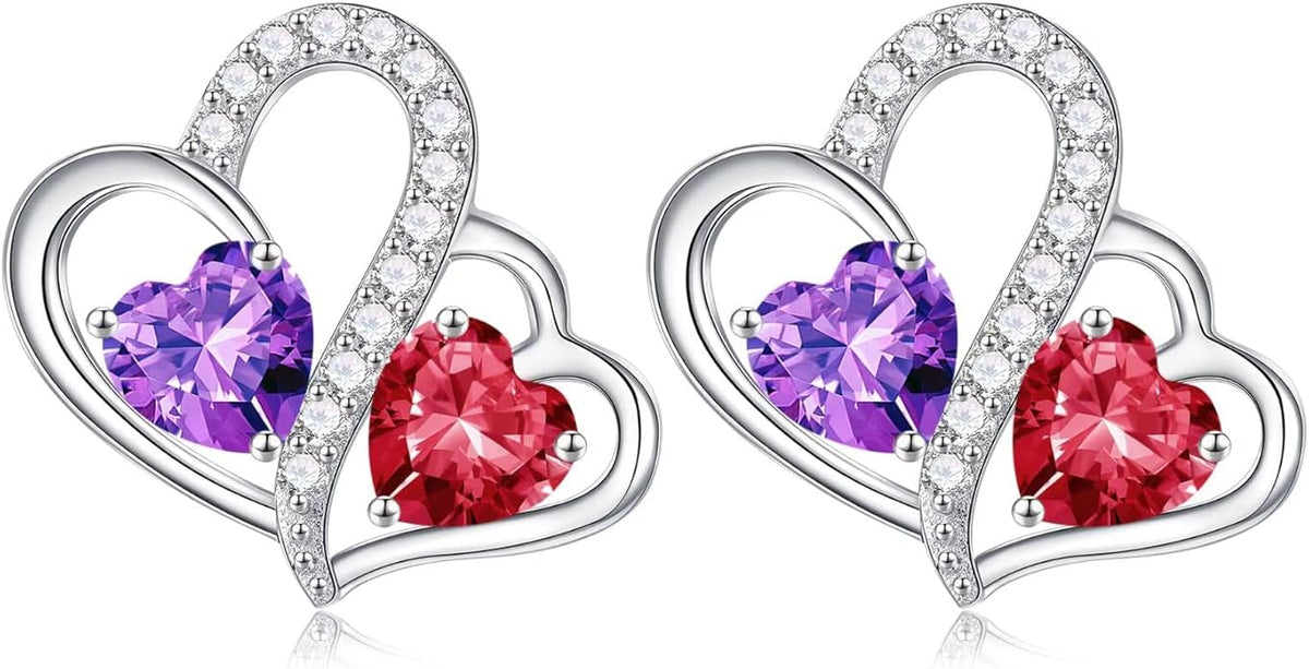 Iefil Valentines Day Gifts for Her - Birthstone Earrings Gift for Women, 925 Sterling Silver Double Heart Birthstone Earrings | Anniversary Birthday Gifts for Women, Personalized Jewelry for Wife Mom