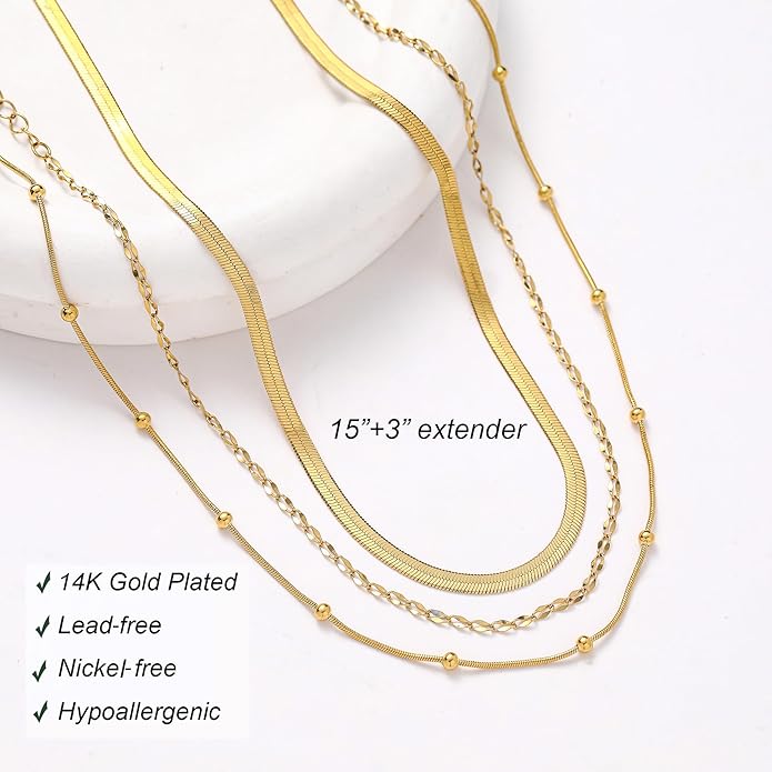 wgoud Gold Necklace for Women Waterproof,14K Real Gold Plated Herringbone Choker Necklace for Women Trendy, Dainty Gold Chain Necklaces Stack,Simple Layered Gold Necklaces for Women Jewelry Gifts