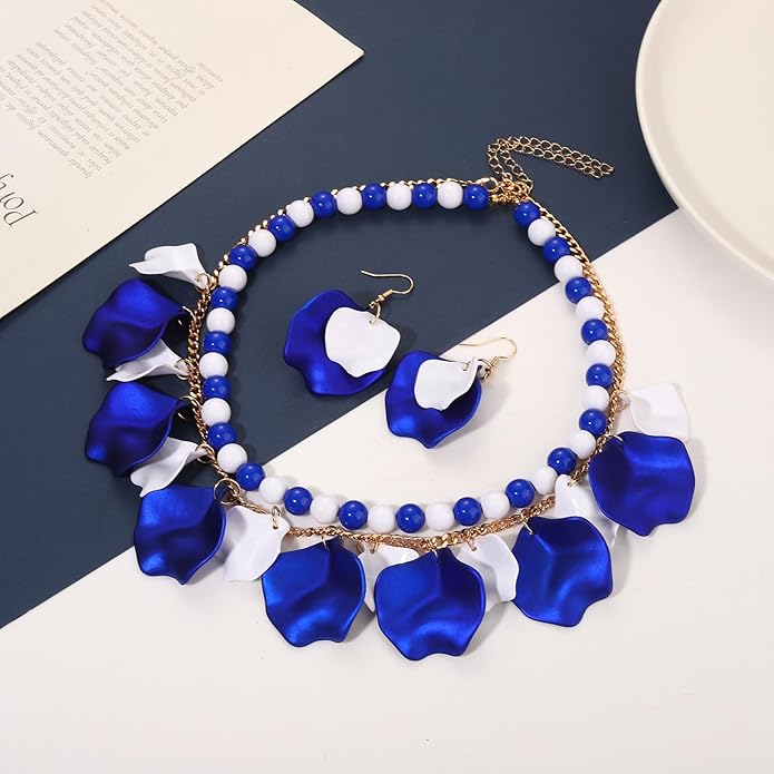 Flower Petal Necklace Earrings Set Layered Statement Beaded Jewelry Set for Women Summer Necklace Earrings