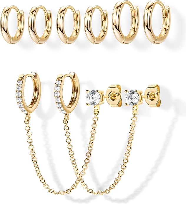 Small Gold Huggie Hoop Earrings Set for Women Men Hypoallergenic 14K Plated Stack Cartilage Earrings, Multiple Piercing Lightweight Mini Thin Cute Dainty Trendy Jewelry Set Christmas Gifts for Women