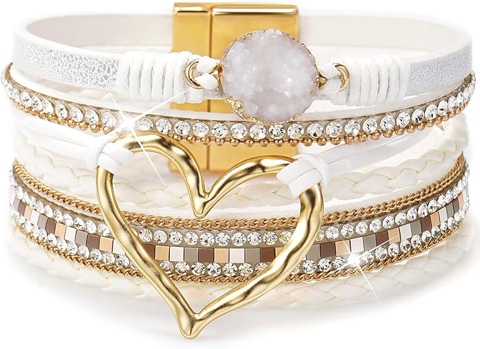 Suyi Multilayer Leather Wrap Bracelet Heart-Shape Wide Cuff Bracelets for Women
