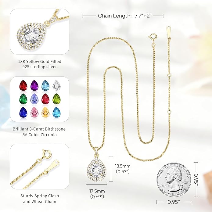 Valentine's Day Gift for Wife/Her-18K Gold Plated Teardrop Birthstone Necklace- with Light-Up Gift Box,Jewelry for Women,Anniversary Birthday Gifts for Women Her Wife Girlfriend Mom,Womens Jewelry