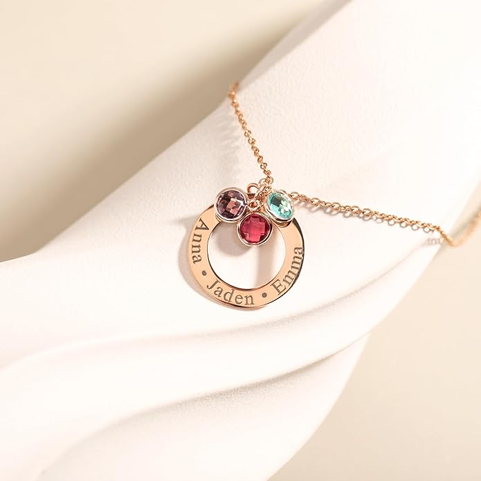 Birthstone Necklace for Mom Jewelry for Women Grandma Necklace Personalized Mothers Day gifs Necklace with 2 Children Kids Names -CIR-BSN
