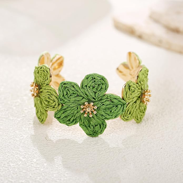 Raffia Flower Cuff Bracelet for Women, Floral Chunky Bangle Wide Open Cuff Statement Bracelet