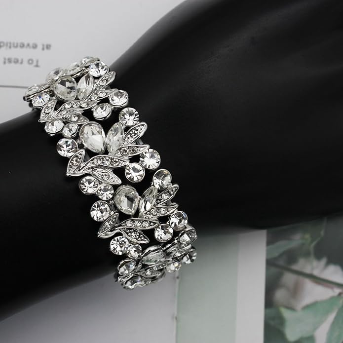 Wedding Leaf Flower Crystal Teardrop Pendant Necklace Dangle Earrings Stretch Bracelet Jewelry Set for Women Bridal Party Prom