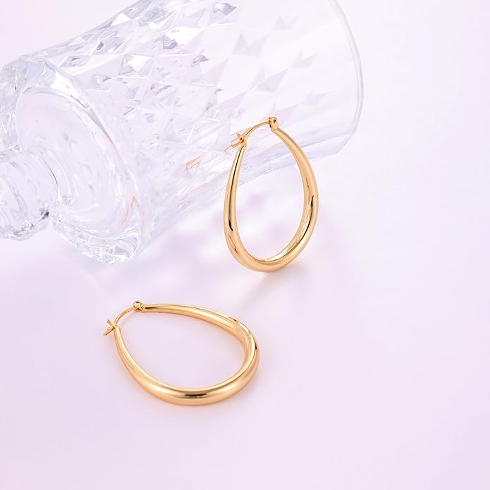 Gacimy Chunky Hoop Earrings for Women, 14K Gold Plated Oval Hoop Earrings with 925 Sterling Silver Post