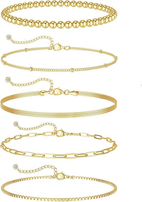 DEARMAY 14K Gold Plated Bracelets for Women, Jewelry Sets Cute Tennis Beaded Bracelets Cuban Link Paperclip Chain Dainty Bracelet Pack Gifts
