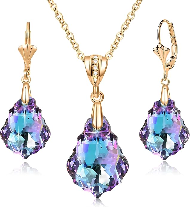 EVEVIC Austrian Crystals Baroque Pendant Necklace Earrings for Women 14K Gold Plated Hypoallergenic Leverback Drop Dangle Earrings Jewelry Set