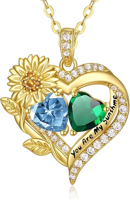 Sunflower Heart Necklace for Women 14K Gold Exquisite Valentines Day Anniversary Birthday Gifts for Wife Mother Her Double Birthstone Pendant Jewelry‘You Are My Sunshine’