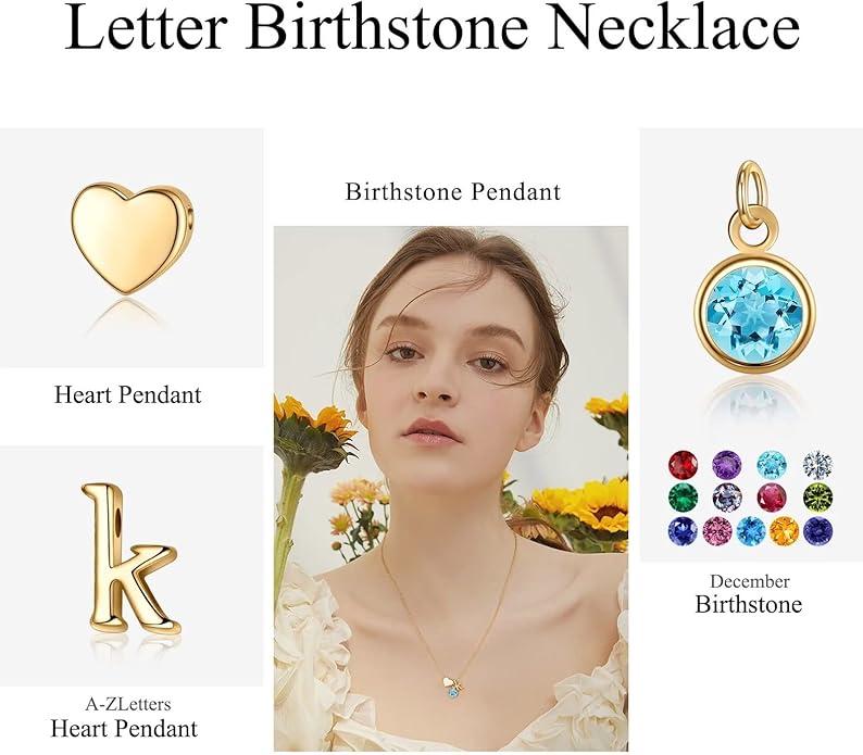 Ursilver Initial Birthstone Necklace for Women - Heart Initial Birthstone Pendant Necklace Personalized Gifts Birthday Gifts for Women