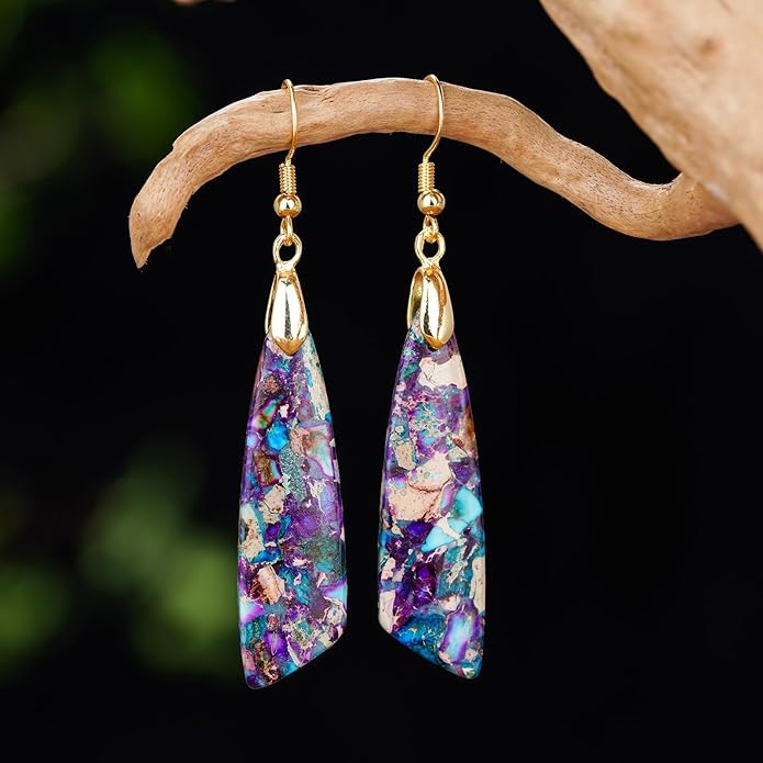 Boho Women Natural Stone Earrings Unique Healing Imperial Jasper Gemstone Energy Hypoallergenic Lightweight Dangle Drop Earrings Multiple Styles Earrings Jewelry for Birthday Party Gift