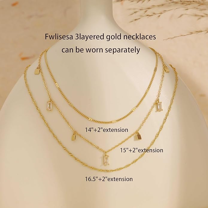 Layered Necklaces for Women, Dainty Gold Necklace Stack 14k Gold Plated Layering Cubic Zirconia Choker Necklaces for Women Trendy Simple Layered Gold Necklace Set Fashion Jewelry