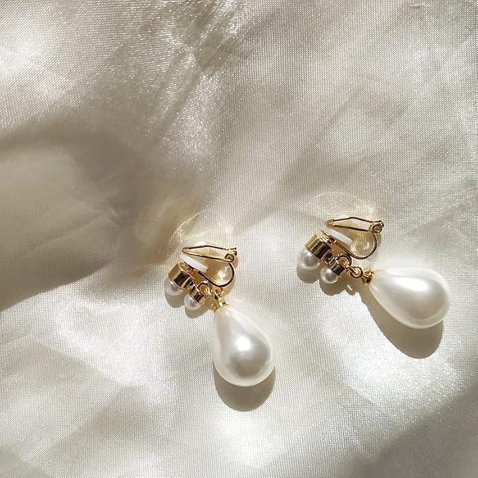 Pearl Clip on Earrings for Women Drop Clip Earrings for Women Gold Plated White Imitation Pearl Earrings Fashion