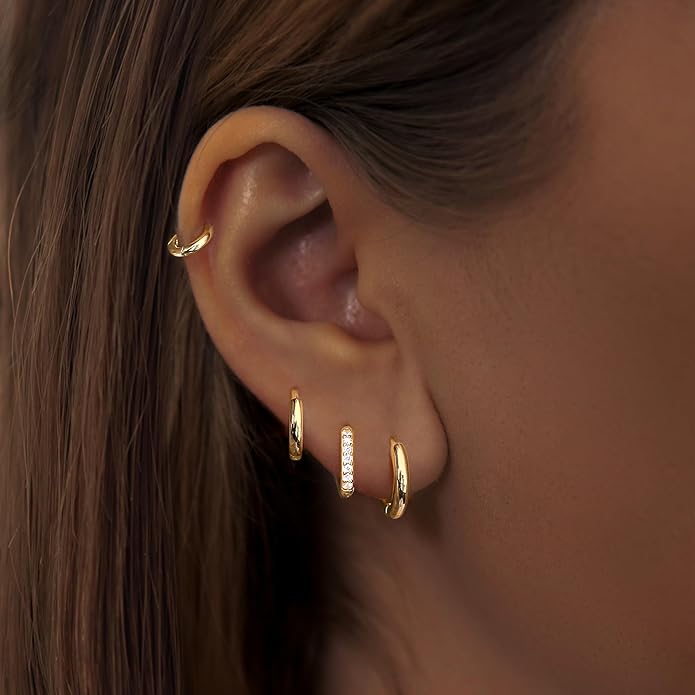 Small Gold Huggie Hoop Earrings Set for Women Men Hypoallergenic 14K Plated Stack Cartilage Earrings, Multiple Piercing Lightweight Mini Thin Cute Dainty Trendy Jewelry Set Christmas Gifts for Women