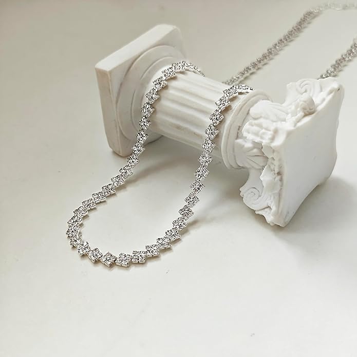 Tennis Necklace Bracelet for Women, Dainty Sterling Sliver Choker Necklace Crystal Link Bracelet Stud Earrings for Women Wedding Jewelry for Bride Jewelry Set Accessories