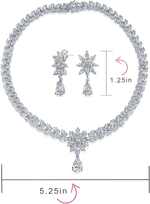 Bridal Jewelry Set Art Deco Vintage Estate Style Cubic Zirconia Marquise Leaf Teardrop AAA CZ Statement Cleavage Choker Necklace & Chandelier Dangle Clip On Or Pierced Earrings For Women Pageant